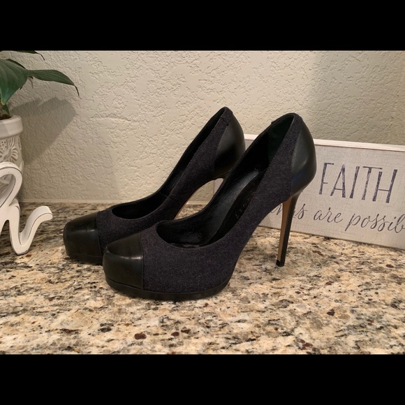 THEORY Grey Wool Leather Platform Tribtoo Heels - Picture 3 of 7